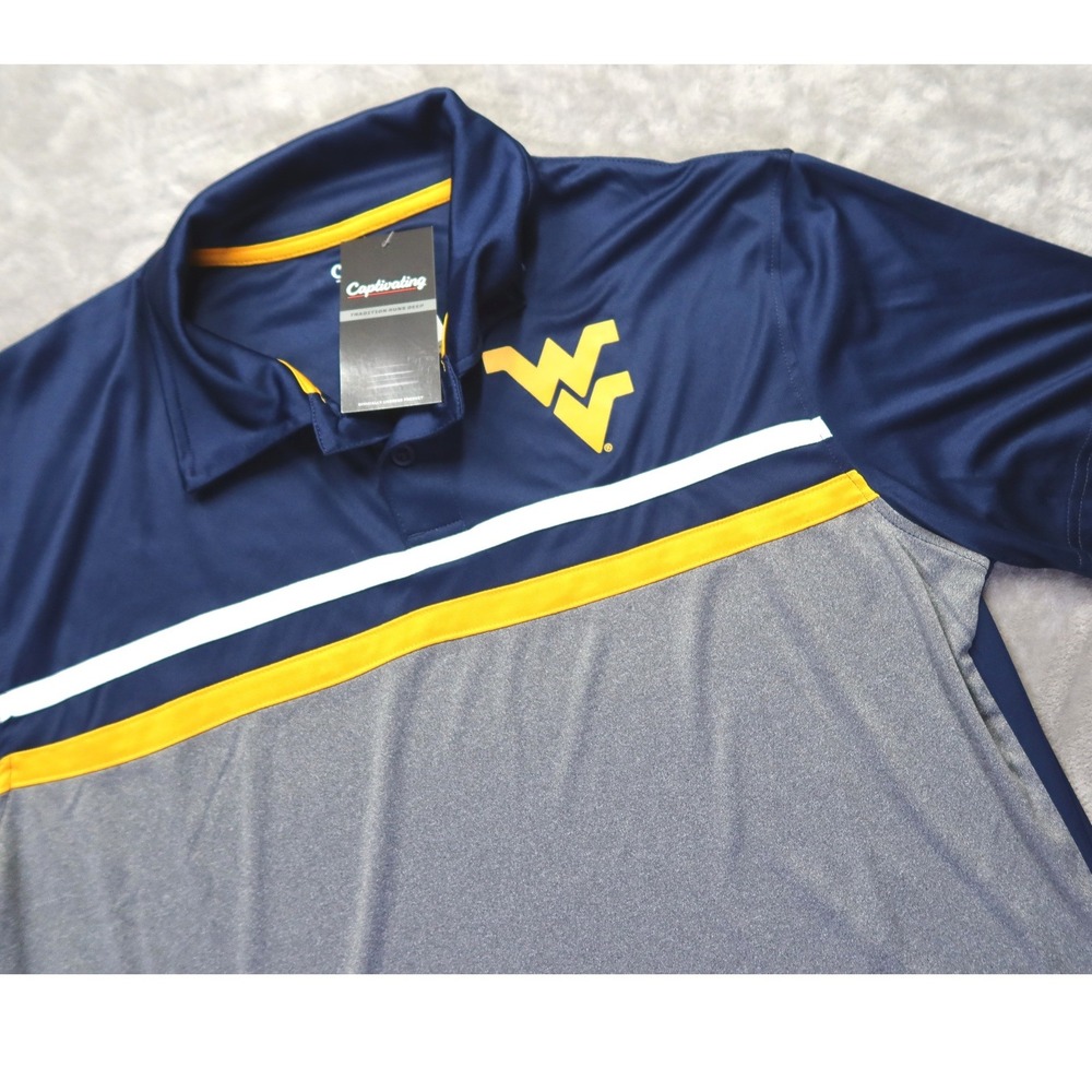 West Virginia Mountaineers WVU Golf Polo Shirt‎ Navy Yellow Gray Size L Mens